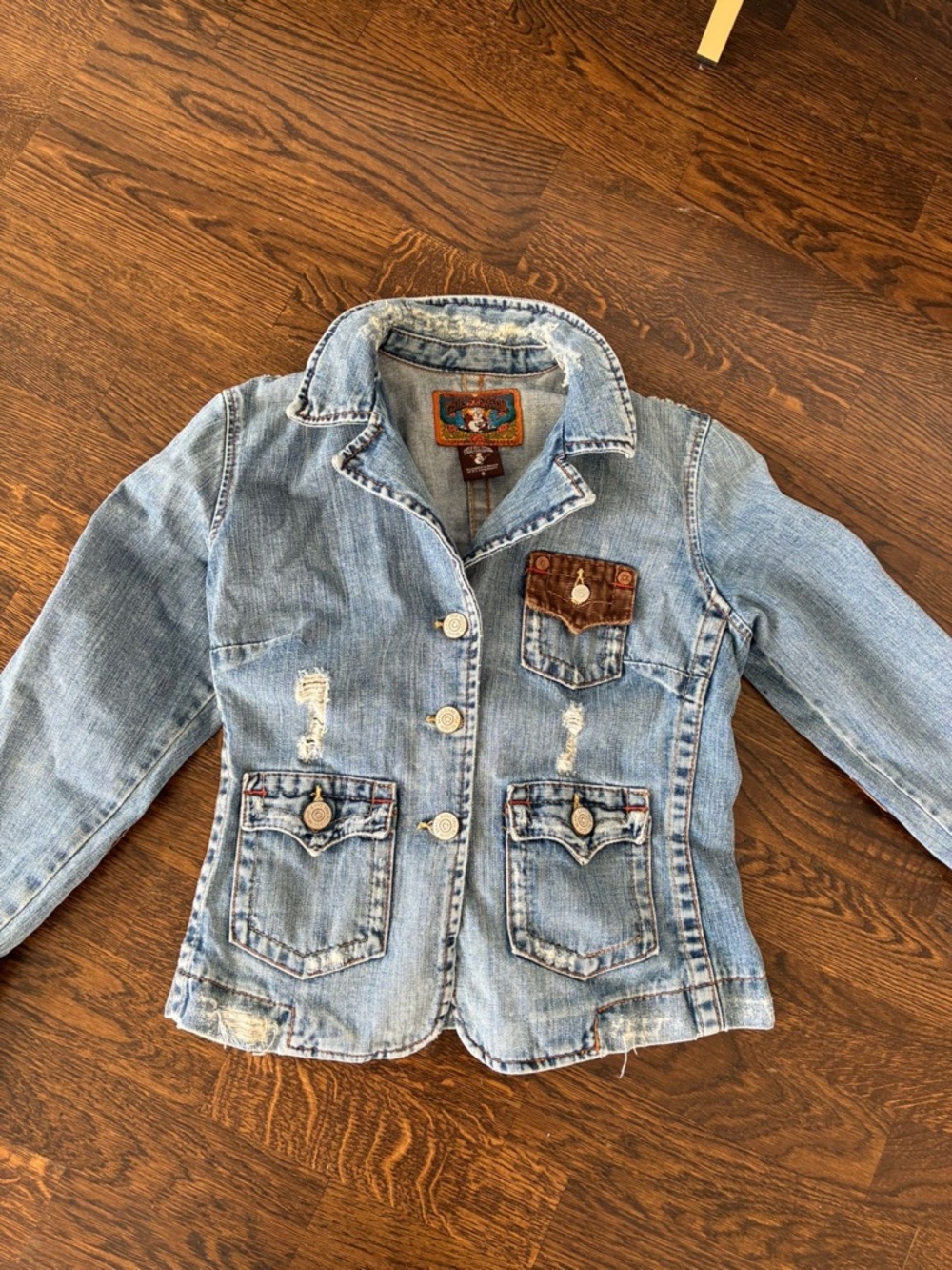 True Religion Light Blue Denim Jacket with Brown Accent Pocket